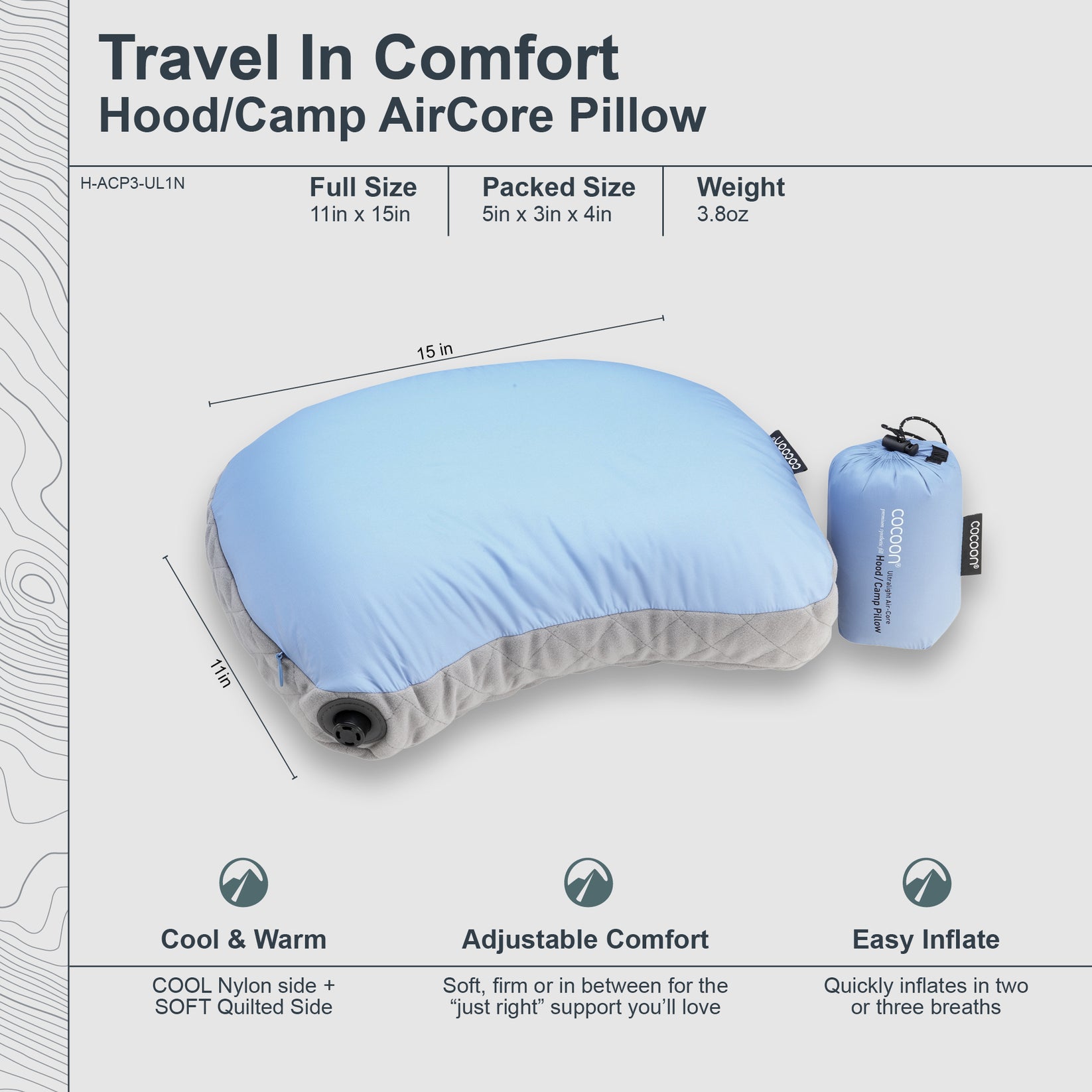 Oreiller De Voyage Cocoon AIR Core Hood - Ultraléger, Gonflable, 28x37 Cm, Bleu Clair/gris